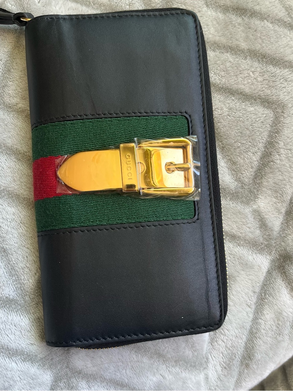 Gucci Black Leather Zip Wallet with Green-Red Web and Gold Buckle Accent